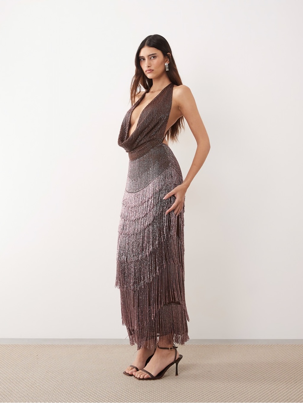 ARRANGE beaded fringe plunge cowl maxi dress in chocolate